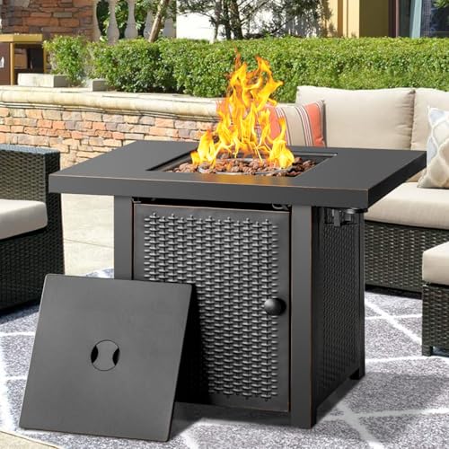 32 Inch Propane Fire Pit Table, Outdoor Gas Fire Pits with 2 Drink Holders, Lid & Lava Rock, 50000 BTU Firepit Table for Dinning, Party in Outside, Patio, Garden or Yard