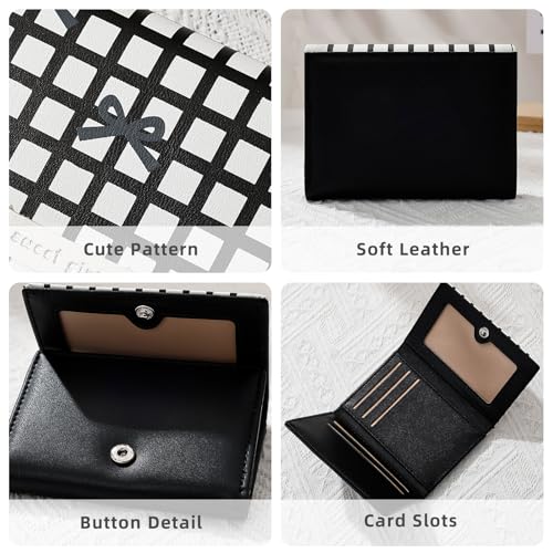 Small Wallets Woman, Cute Tri-fold Coquette Wallet for Women, Checkered Bow Credit Card Coin Holder Purse with ID Window for Key Cash Change (Black)3