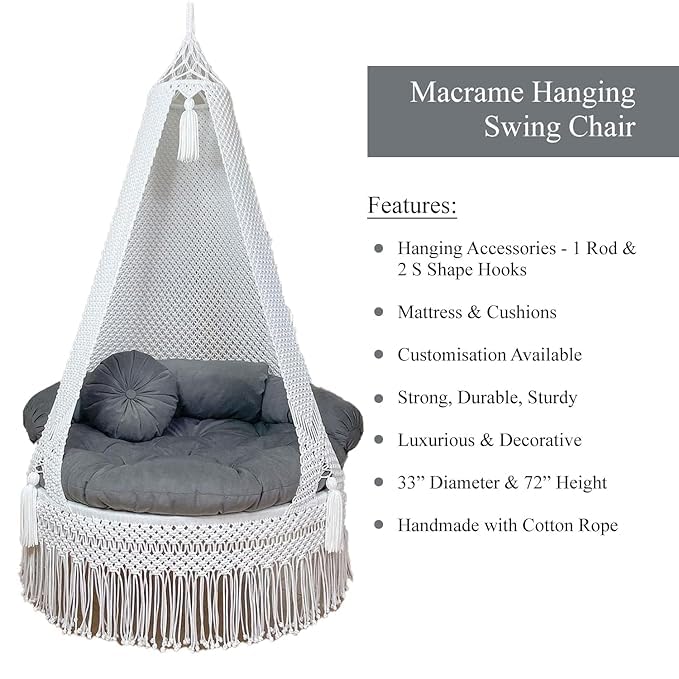 Image of Macrame Hanging Chair Swing with Cushions, Boho Indoor Round Hammock Seat Indoor & Outdoor - Patio, Balcony, Bedroom, Living Room, Garden-Kids, Adults (White with Grey)