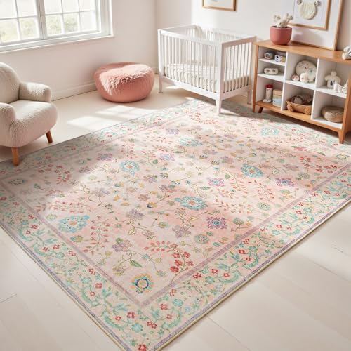 Tapete Floral Boho Lavable 5'x7' Rosa Pálido miniatura 1
