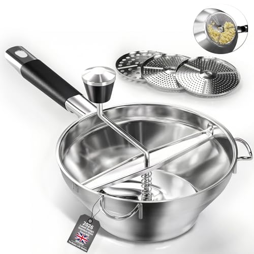 Stainless Steel Food Mill with 3 Milling Discs Hand Crank Grinder for Baby Food Ergonomic Rotary Design for Tomato Sauce & Mashed Potatoes Easy to Clean & Durable Quality (Silver K)