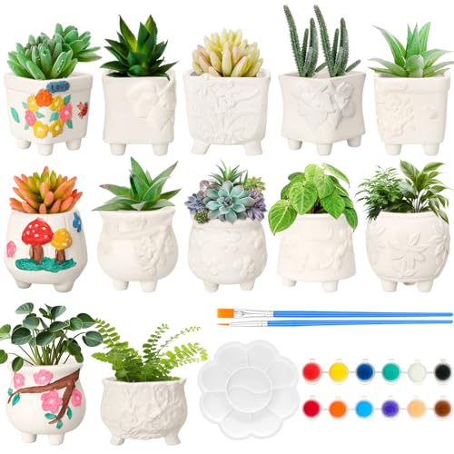 Hushee 12 Sets Ceramic Succulent Planters Paintable Succulent Plant Pots Small DIY Figurines Unpainted Pots with Drainage Hole Color Paints Paintbrushes Palettes(Flower)
