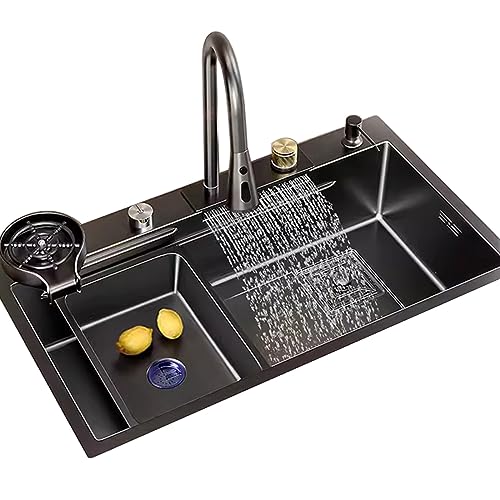Fregadero de cocina grande negro para evitar salpicaduras con grifo extraíble de 72x45 cm 2