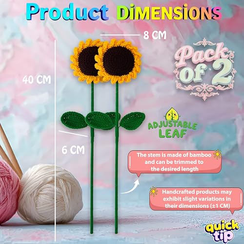 Image of Sunflower Crochet Flowers | Handcrafted Artificial Faux Woolen Flower with Long Stem | Natural Looking Knitted Flower for Home Decor, Living Room, Vase & Bouquet Decoration & Gifting | 2 Pcs
