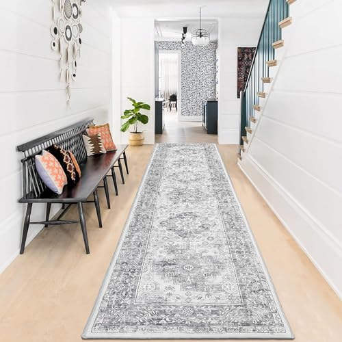 Enyhom Carpet Runners, 60 x 240 cm Grey Extra Long Runner Rugs for Hallway Non Slip Laundry Room Area Rug Runner Machine Washable Kitchen Floor Mat Carpet Runner for Entrance Bedroom Stair Bathroom