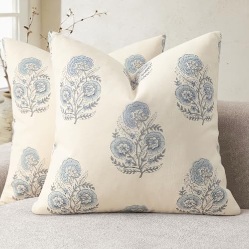 Image of YCOLL Vintage Floral Print Pillow Covers 18x18 Set of 2 Patterned Accent Decorative Cushion Covers Modern Farmhouse Throw Pillow Covers for Sofa Couch Chair Bed Living Room Home Decor, Light Blue