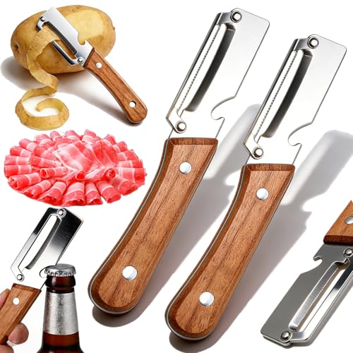 Multifunktionaler Gemüseschäler 2 Stück Langlebiges Schälmesser mit Holzgriff Obstschäler mit Flaschenöffner für Küche Picknick & Reisen (2 PCS)