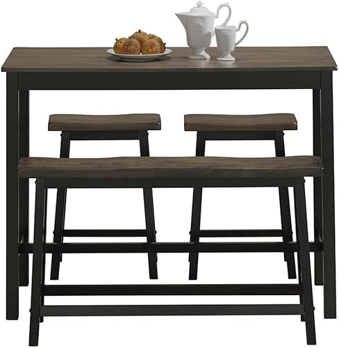 Mesas de comedor de 4 piezas de madera maciza con banco de altura y dos taburetes de silla