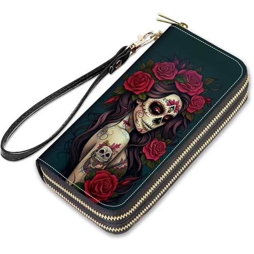 Sugar Skull Girl Roses Print Wallet for Women with Credit Card Holder Coin Money Clip PU Leather Double Zip Around Clutch Wallet