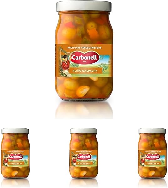 Carbonell - Aceitunas Verdes Partidas con Hueso, Estilo Gazpacha, Variedad Manzanilla, con Vegetales, Aliño de Ajo y Vinagre, con Guindilla y Pimentón Rojo, para un Toque Picante - 450 g - 5