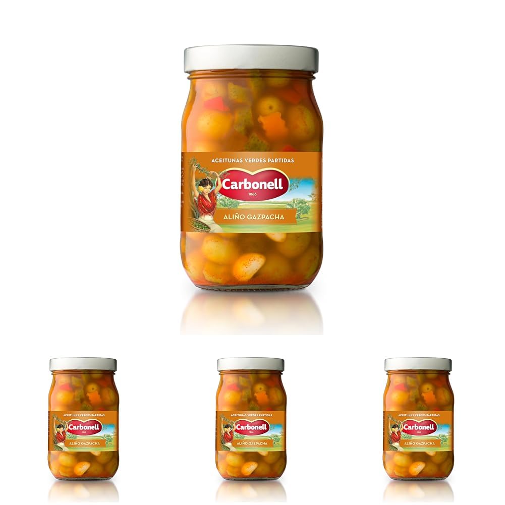 Carbonell - Aceitunas Verdes Partidas con Hueso, Estilo Gazpacha, Variedad Manzanilla, con Vegetales, Aliño de Ajo y Vinagre, con Guindilla y Pimentón Rojo, para un Toque Picante - 450 g — view 5
