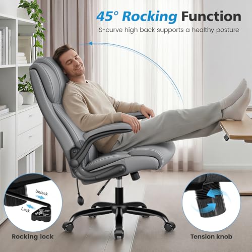 Image of Ergonomic Office Chair, High Back Leather Executive Desk Chair | Inflatable Lumbar Support, Padded Arms for Elbow Comfort, Heavy-Duty Rocking Chair for All-Day Sitting, Plush Wide Seat, Gray