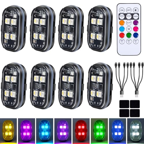 Aukmak Upgraded 4LEDs 8PCS Wireless LED Strobe Lights with Remote Control, 8 Colors Type-C Rechargeable Led Lights Anti Collision Warning Light for Car Motorcycle Bike Drone Aircraft