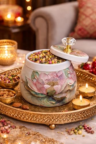 Image of Decorative Flower Printed Jar | Metal Storage Jars with Lid | Traditional Indian Art Containers for Sweets, Spices, Pooja & Return Gifting