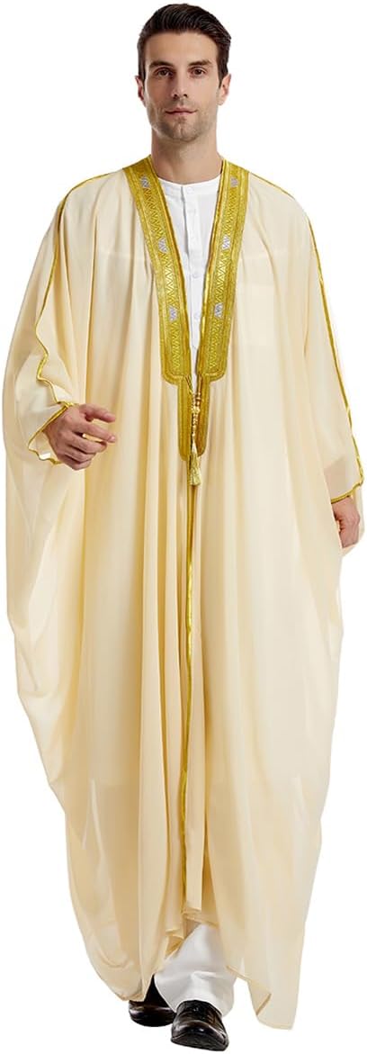 FYMNSI Men's Robe Muslim Clothes Kimono Loose Abaya Dresses Long Sleeve Embroidered Chiffon Kaftan Casual Formal Dubai Thobe