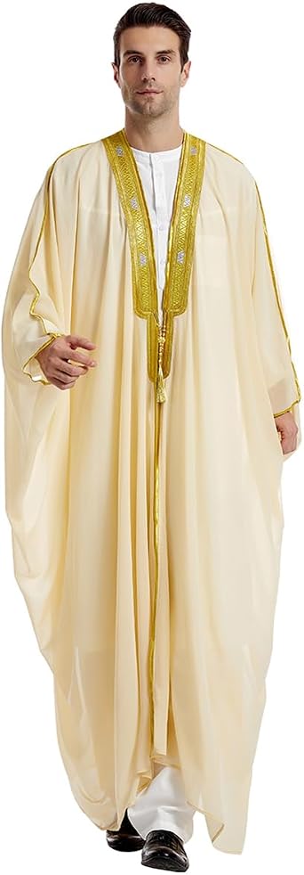 FYMNSI Mens Robe Muslim Clothes Kimono Loose Abaya Dresses Long Sleeve Embroidered Chiffon Kaftan Casual Formal Dubai Thobe