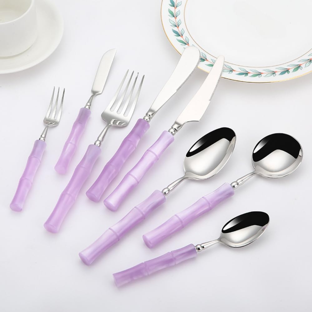 Acrylic Handle Kitchen Stainless Steel Silverware Tableware Flatware Cutlery Set Steak Knife Fork Spoon Teaspoon (Purple silver,7 pieces)