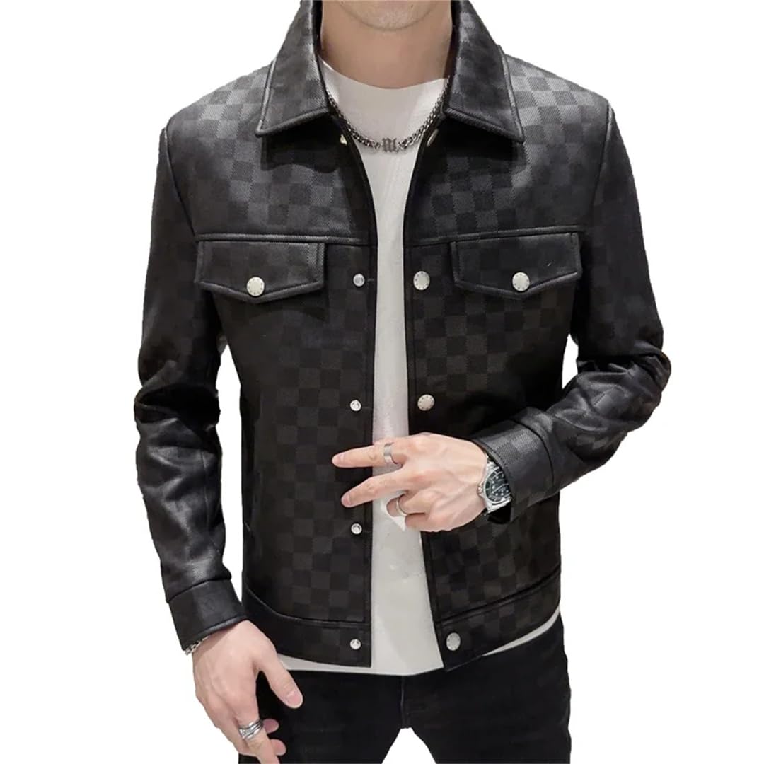 Męska kurtka motocyklowa w stylu vintage w kratę płaszcze biznesowe slim fit skórzana odzież wierzchnia kurtki ze skóry PU