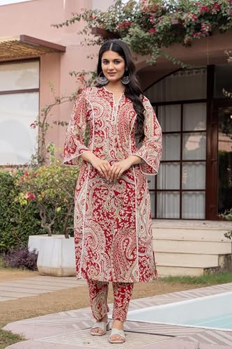 Image of Pistaa's Women Pure Cotton Paisley Printed A-Line Kurta with Pants Set