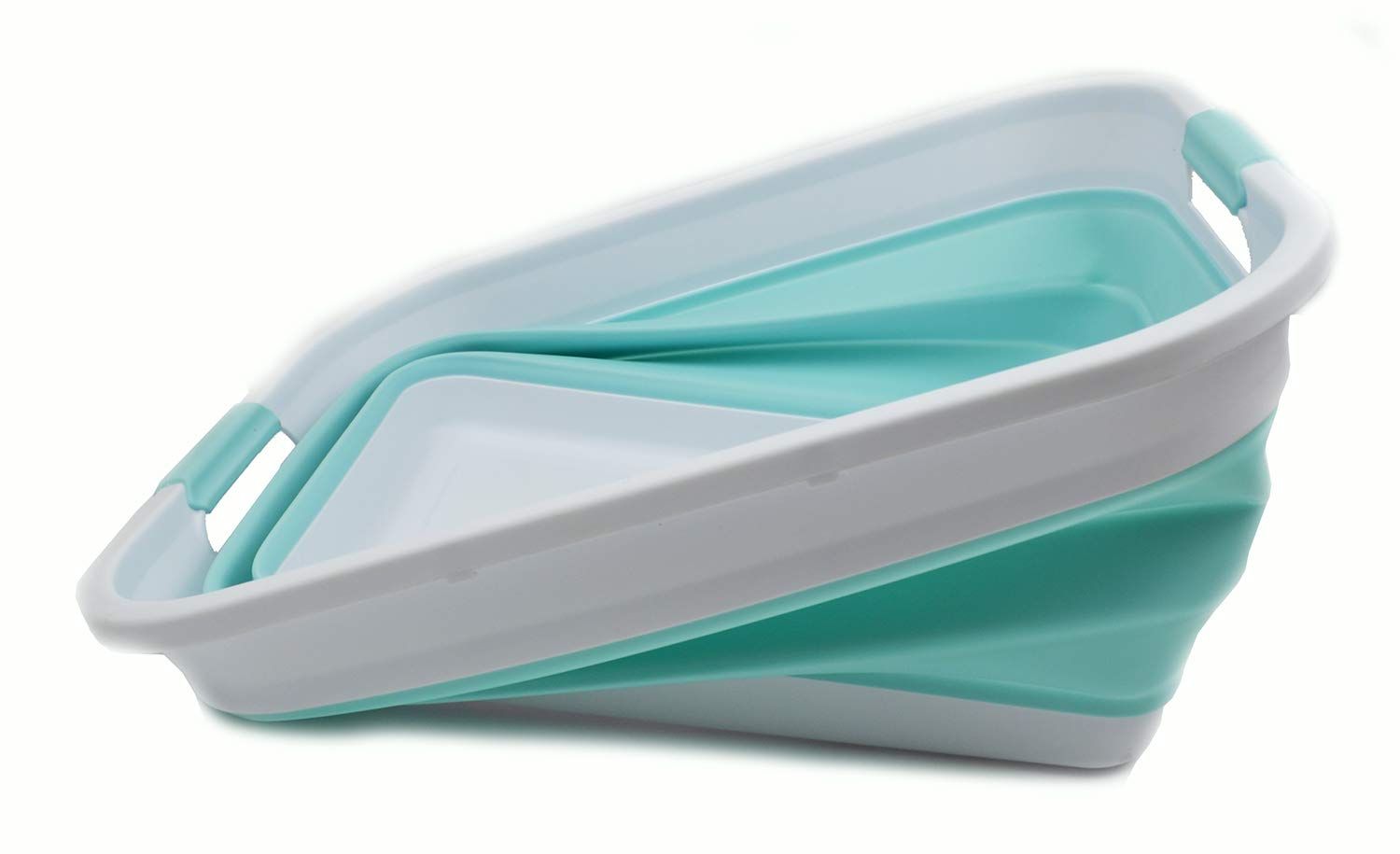 SAMMART Cesta plegable de plástico para la colada – Contenedor de almacenamiento plegable – Bañera portátil – Cesta de ahorro de espacio (blanco / verde lago, 2)