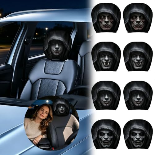 Scary Headrest Covers for Cars, 2 Pack Machine Washable Breathable Universal Haghost Face Headrest Covers,Funny Soft Halloween Seat Protector for Auto Truck Vehicle SUV Interior Accessories (Black 2) - image 5