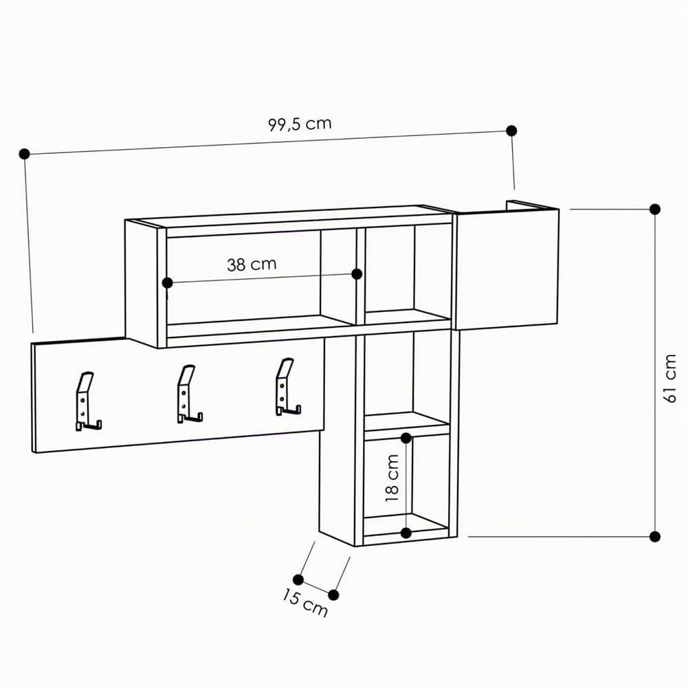 BAKAJI Appendiabiti Attaccapanni da Parete Muro con 9 Ganci Appendi Abiti e Scaffale Libreria 3 Ripiani Portaoggetti In Legno MDF Bicolore Design Moderno Dimensione 99,5 x 61 x 15 cm (Bianco)