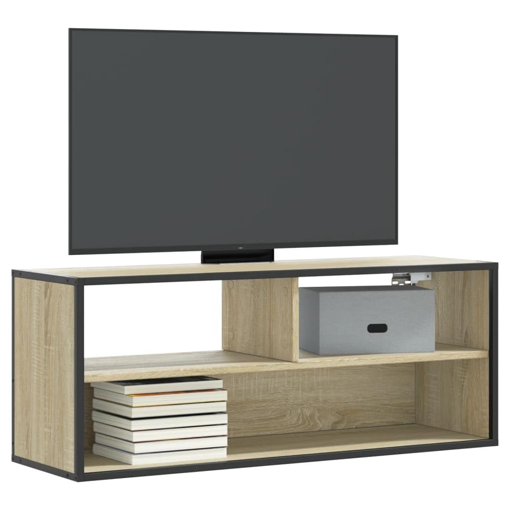 Mobile TV in rovere Sonoma con struttura in metallo, 100 x 31 x 39,5 cm, in legno, con vano portaoggetti, cassetto e ripiano, mobile per soggiorno, per gaming e camera da letto
