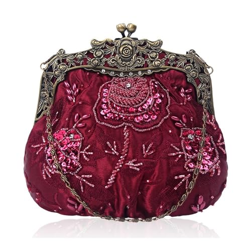FOVAOK Bolso de noche vintage para mujer, bolso de vestir hecho a mano, bolso bordado con cuentas, Burgundy, Talla única