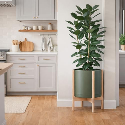D'vine Dev Planter Pot with Stand - 14 Inch Plastic Cylinder Flower Pot with Wood Planter Holder for Indoor, Olive Pot + Natural Stand, 55-C-S-3 by D'vine Dev - Used condition - Image 2