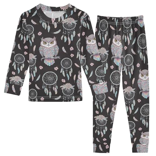 Owl Feathers Dream Catcher Footless Fall Outfit Tee and Pant 2-piece Pj Set 2T