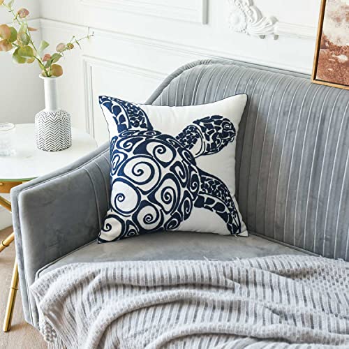 Decopow Embroidered Cute Nautical Animal Pillow Cover,Square 18 Inches Decorative Canvas Pillow Cover For Nautical Style Deco By (Navy-Sea Turtle) #TOP2