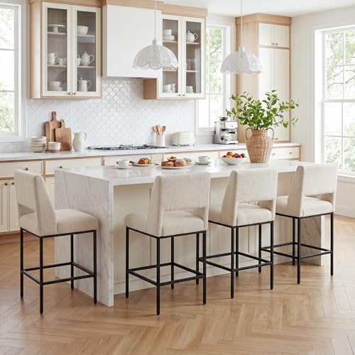 Image of Zesthouse Upholstered Counter Height Stools Set of 4, Linen Fabric Bar Stools with Backs, 26 inch Modern Counter Height Chairs for Kitchen Island, Luxury Metal Barstools with Extra Thick Cushion, Beige