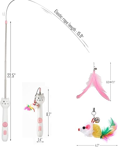 Miniatura 7 de Juguetes para gatos de interior, varita retráctil para gatos, con plumas y ratones, puntero láser 3 en 1, juguete interactivo para gatos, 5 modos,