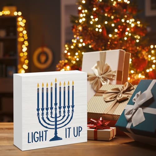 Image of Hanukkah Decor, Light It Up Wood Box Sign, Jewish Gifts for Women, Menorah Dreidel Home Office Decorations for Desk Table Shelf 5 X 5 Inches