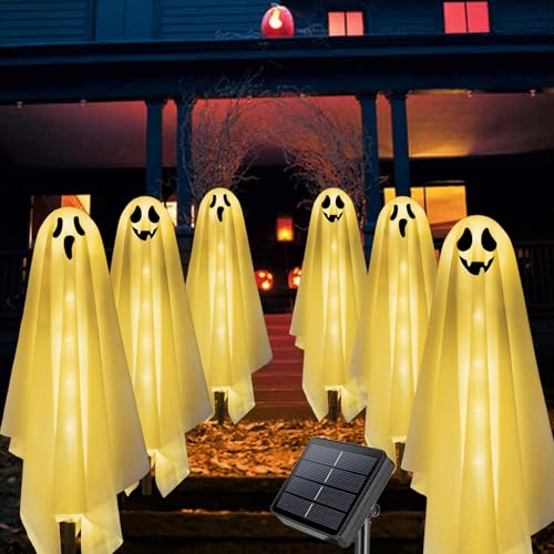 Set von 6 Solar Ghost Stake Lichter für Halloween Deko Outdoor, Scary Spooky Pathway Halloween Lichterkette für Außen Garten Patio Grab Party Dekor Wetterfest Rasen Zaun Veranda Balkon Deko Warm