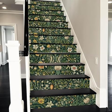 REDAMANCY Green Boho Flower Vintage Peel and Stick Vinyl Stair Riser Decals Staircase Tile Stair Stickers Abstract Boho Art Modern Decoration Self-Adhesive Home Decor Stair Decals (14Pcs) Cover