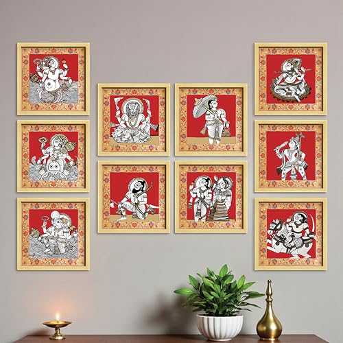 Image of Dashavatar Wall Art Paintings With Frame For Living Room | 10 Avatars of Lord Vishnu Framed Paintings | Sacred Hindu Spiritual Wall Decor Poster for Home, Pooja Room, Gifting, Set of 10, Size 24x24 cm