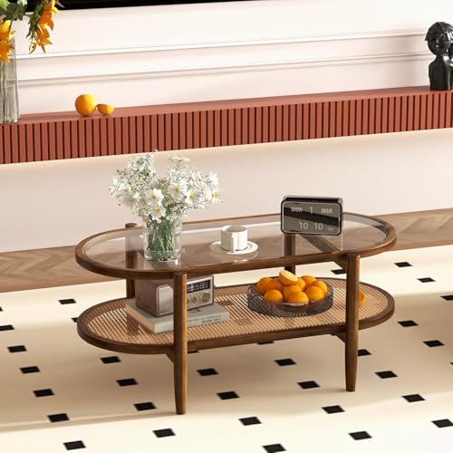 Oval Glass Top Coffee Table with Rattan Lower Shelf, 2-Tier, Waln...