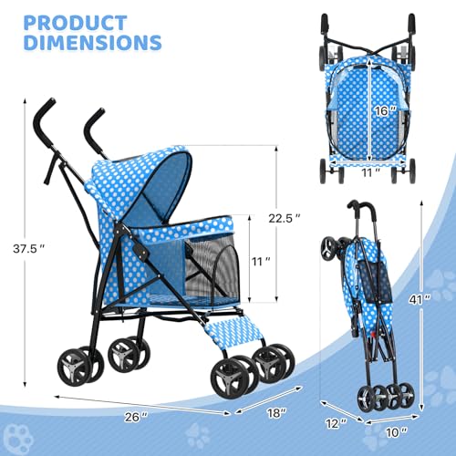 Image of Magshion Compact Fold Pet Travel Stroller for Small Dogs Cats | Up to 22lbs, 4-Wheel Lightweight Umbrella Shaped Design, Safety Tethers, Breathable Mesh, Cup Holder & Rear Storage