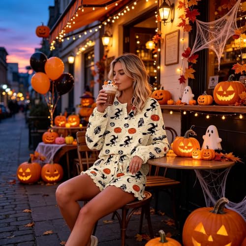 Image of Roshop Halloween Pajama Women's Pumpkin Matching Top & Shorts Loungewear Set