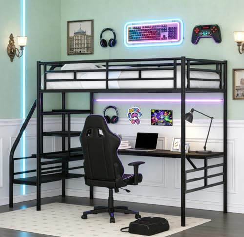 Image of Bellemave Twin Size Loft Bed with Desk and Storage Stairs, Metal tiwn Loft Bed for Kids, Teens, Black
