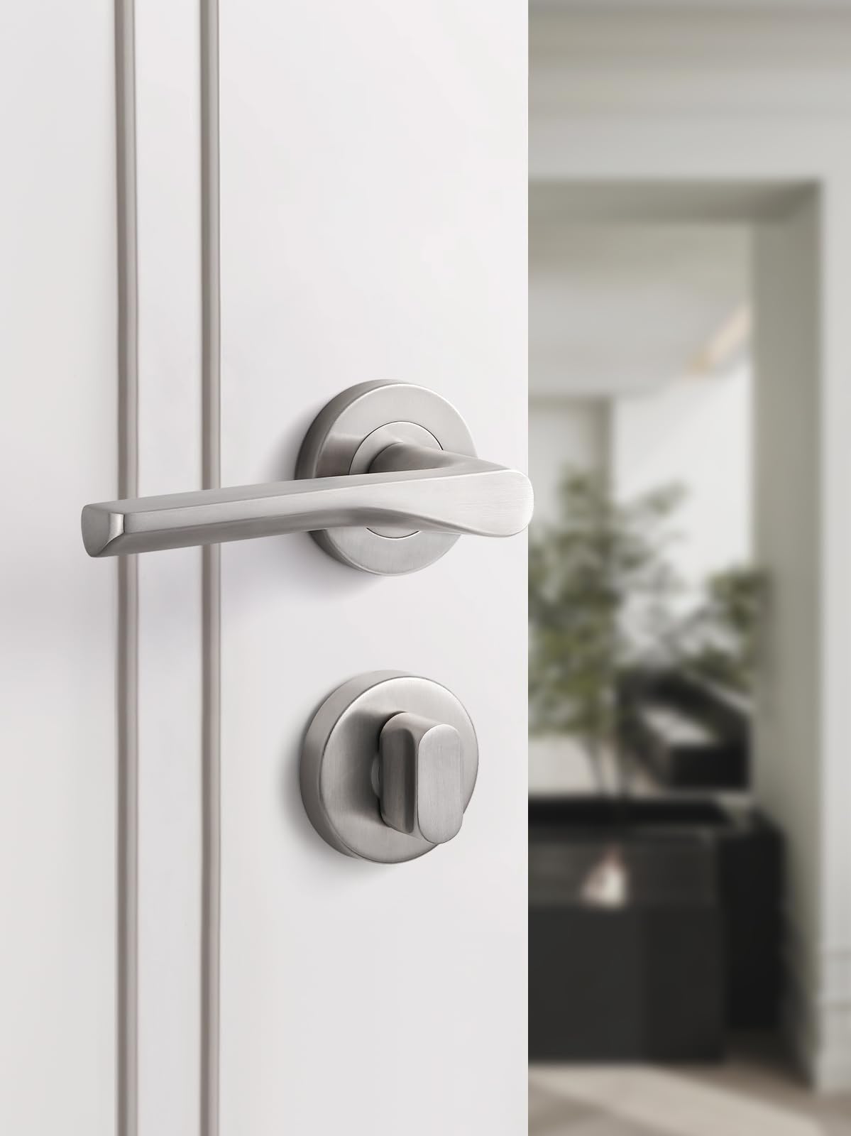 SORWDUERM Nickel Door Handle Set Matte Brushed Steel Door Lever for Front Door and Interior Door L Shape,WC, Round Rosette - Image 4