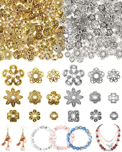 FIVEIZERO 240 Pcs Bead Caps for Jewelry Making 18 Styles Silver & Gold Flower Bead Caps Multi-Petal 6mm16mm for Earrings Bracelets & Necklaces
