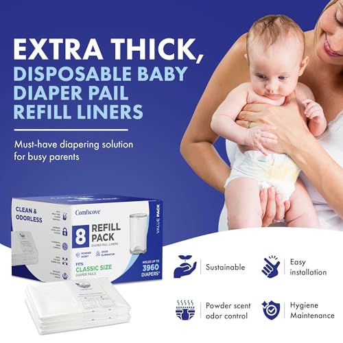 Image of Comficove Refills Compatible with DEKOR CLASSIC Diaper Pails | 8 Pack | Extra Thick Diaper Pail Refill Liners | Fresh Scent | Easy to Replace and Dispose of Diaper Bag | Odorless Baby Diapers Disposal
