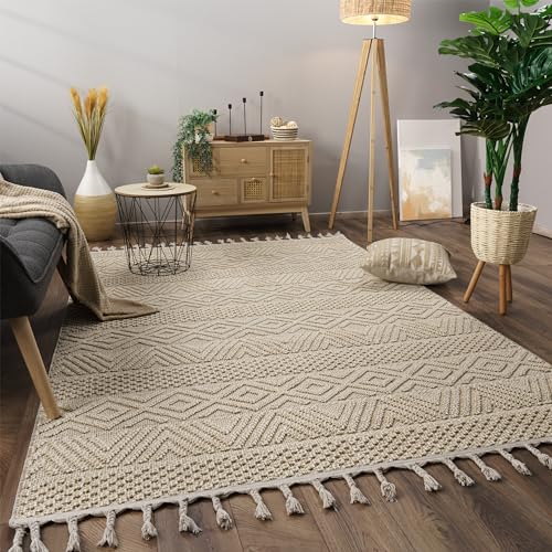 Paco Home Tapis Salon Chambre Adulte Poils Ras Motif Boho Motif Scandinave Franges, Dimension:80x150 cm, Couleur:Crème