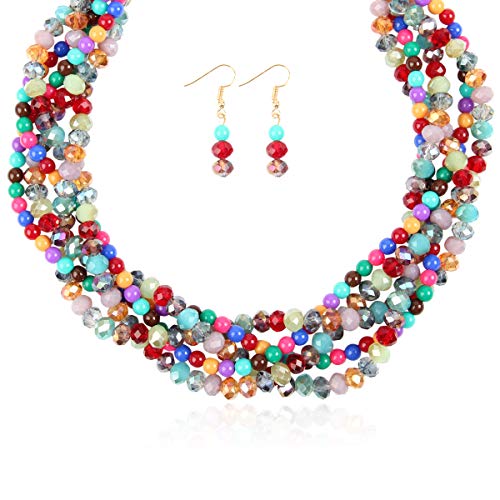 RIAH FASHION Braided Chunky Cluster Bead Bubble Statement Necklace - Multi Strand Twisted Colorful Twisted Ball Hammock Bib Collar Acrylic, Sparkly Crystal (Sparkly Twisted Bauble - Dark Multi)