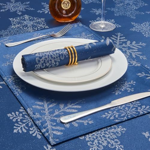 Rectangle Fancy Metallic Sparkling Snowflake Christmas Fabric Table Cloth red Hunter Gold Navy White Silver No-Iron Soil Resistant Woven Holiday Table Cover(Navy Silver/52x70Inch) – Image 3
