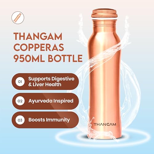 Image of Thangam Copper Water Bottle - 950 ml | Pure Copper | Leak Proof & Durable | BPA Free | Ayurvedic Health Benefits | Eco-Friendly Reusable Water Bottle