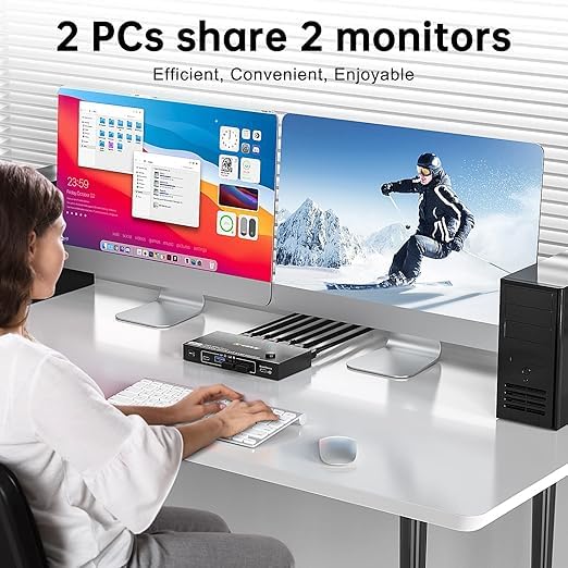 Image of MST Displayport KVM Switch 2 Monitors 2 Computers 4K@100Hz, 1 DP in,DP+HDMI Out, Dual Monitor KVM Switch Displayport 1.4 with 4 USB 3.0 Port for USB Device,Wired Remote and 4 Cables Included