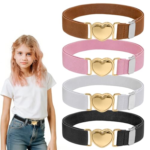 TAIVIN Lot de 3 Ceinture Fille Réglable-Fermoir Cœur Doré-Facile à Attacher-Pour Uniforme Scolaire & Quotidien (Noir, blanc, marron, rose)
